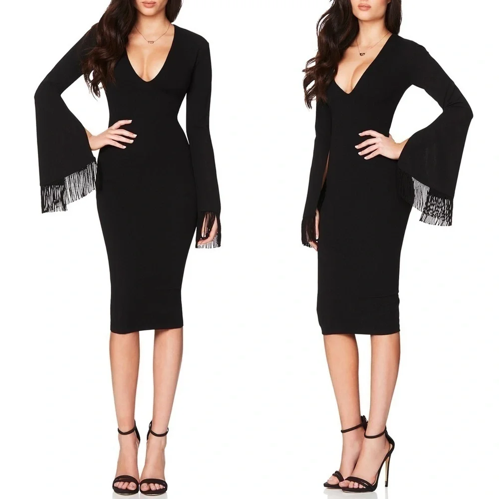 NOOKIE Iris Long Sleeve Black Midi Dress Size XS NWT Fringe Bell Sleeve
